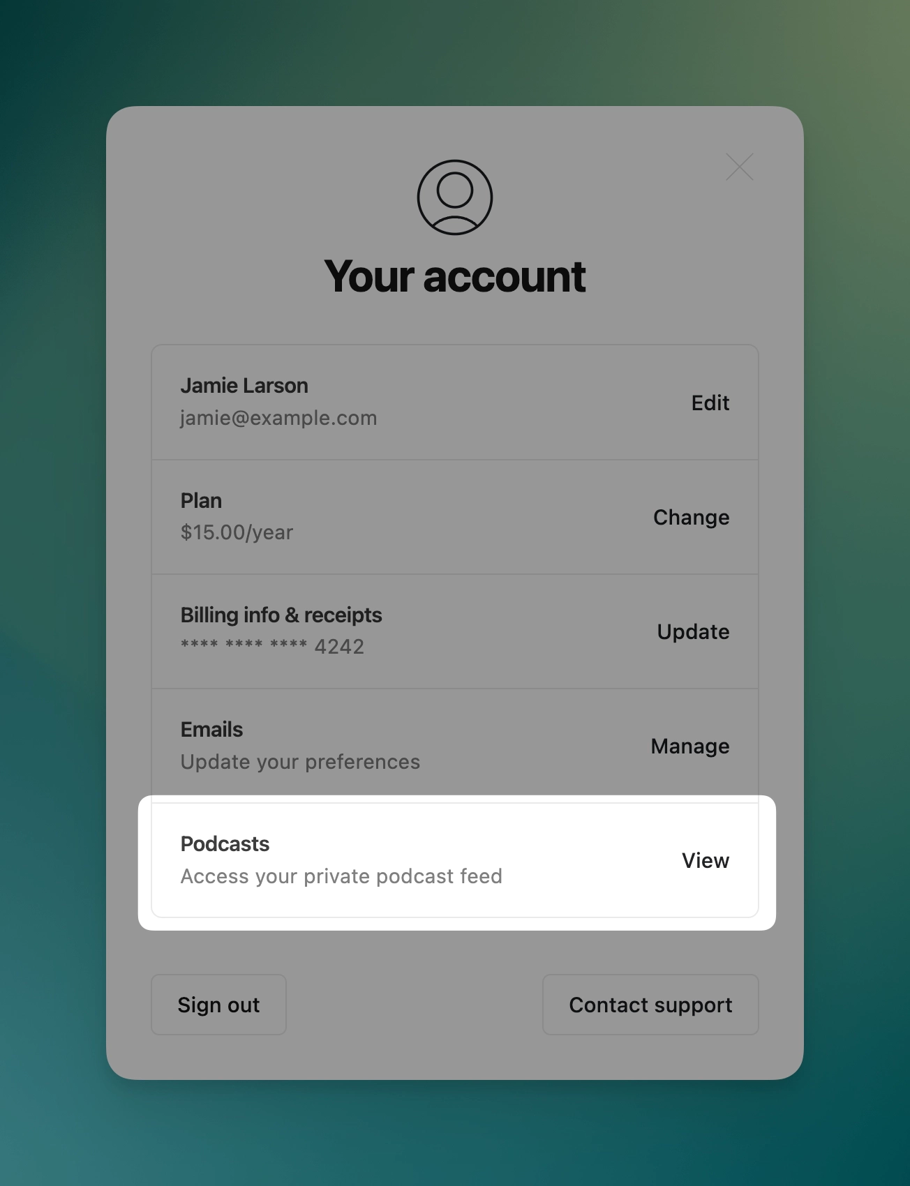 Podcast section in Ghost Portal account settings